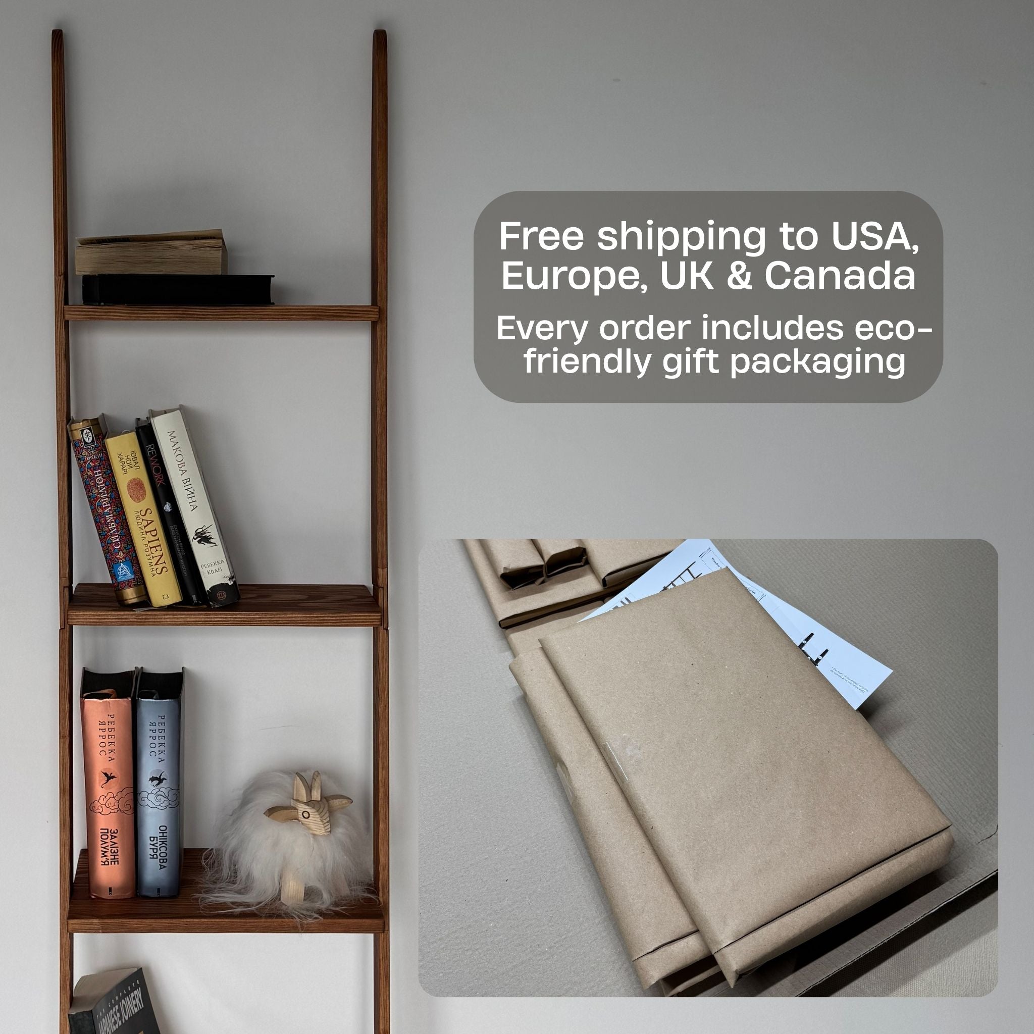 Wooden ladder shelf with books and a small figurine, next to eco-friendly gift packaging on a gray background.