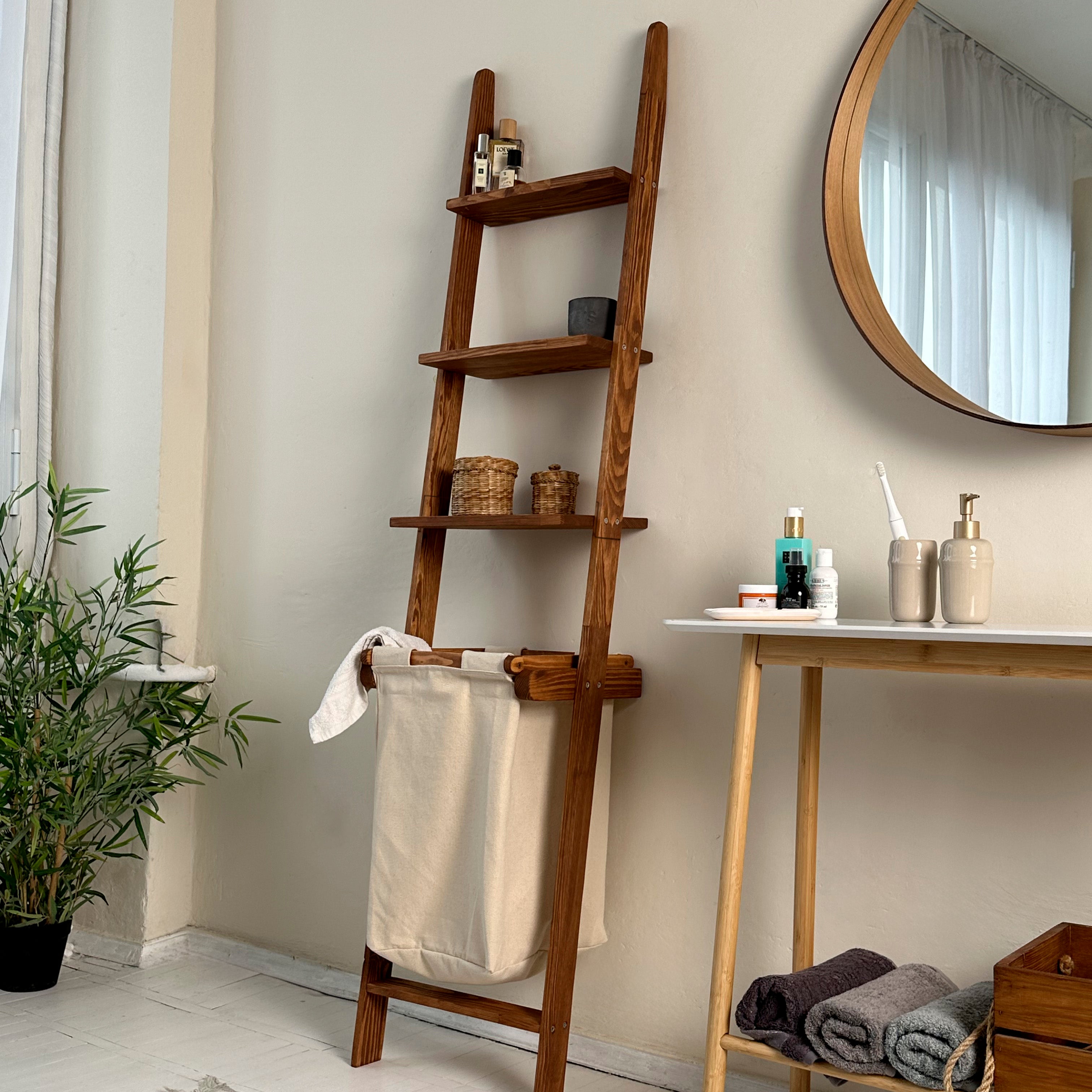 Ladder Shelf with Laundry Basket BROWN