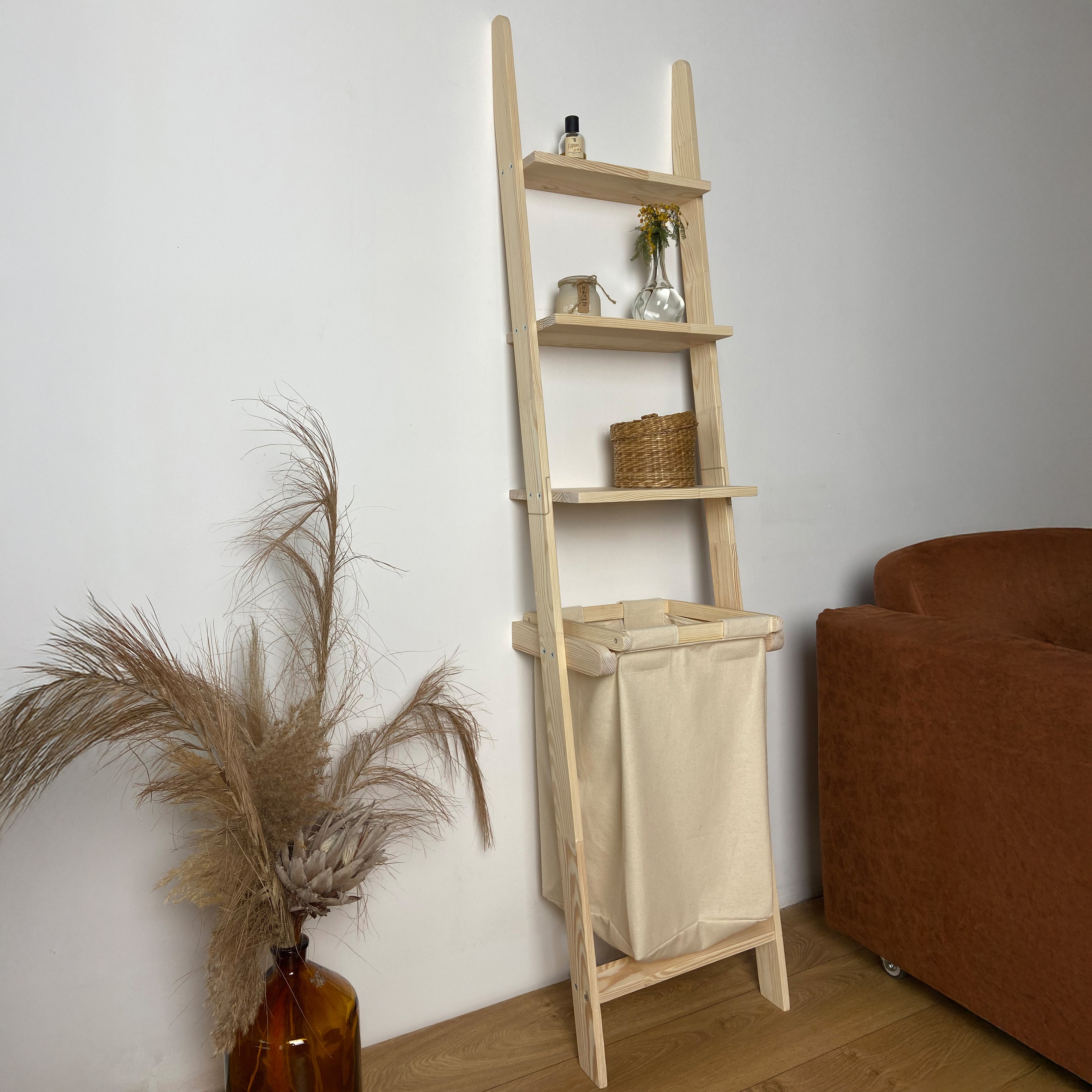 Ladder Shelf with Laundry Basket BEIGE