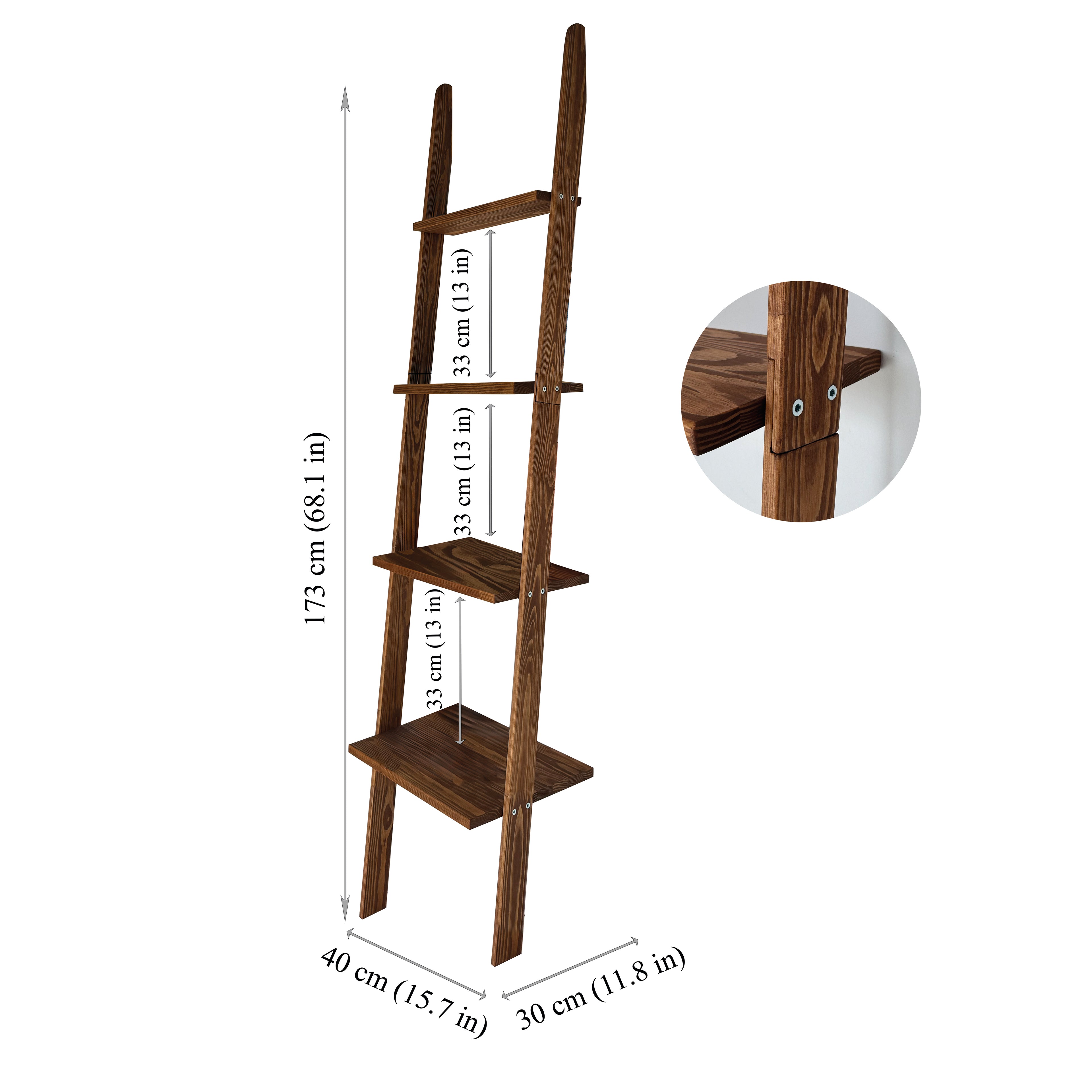 Wooden ladder shelf with dimensions on a white background