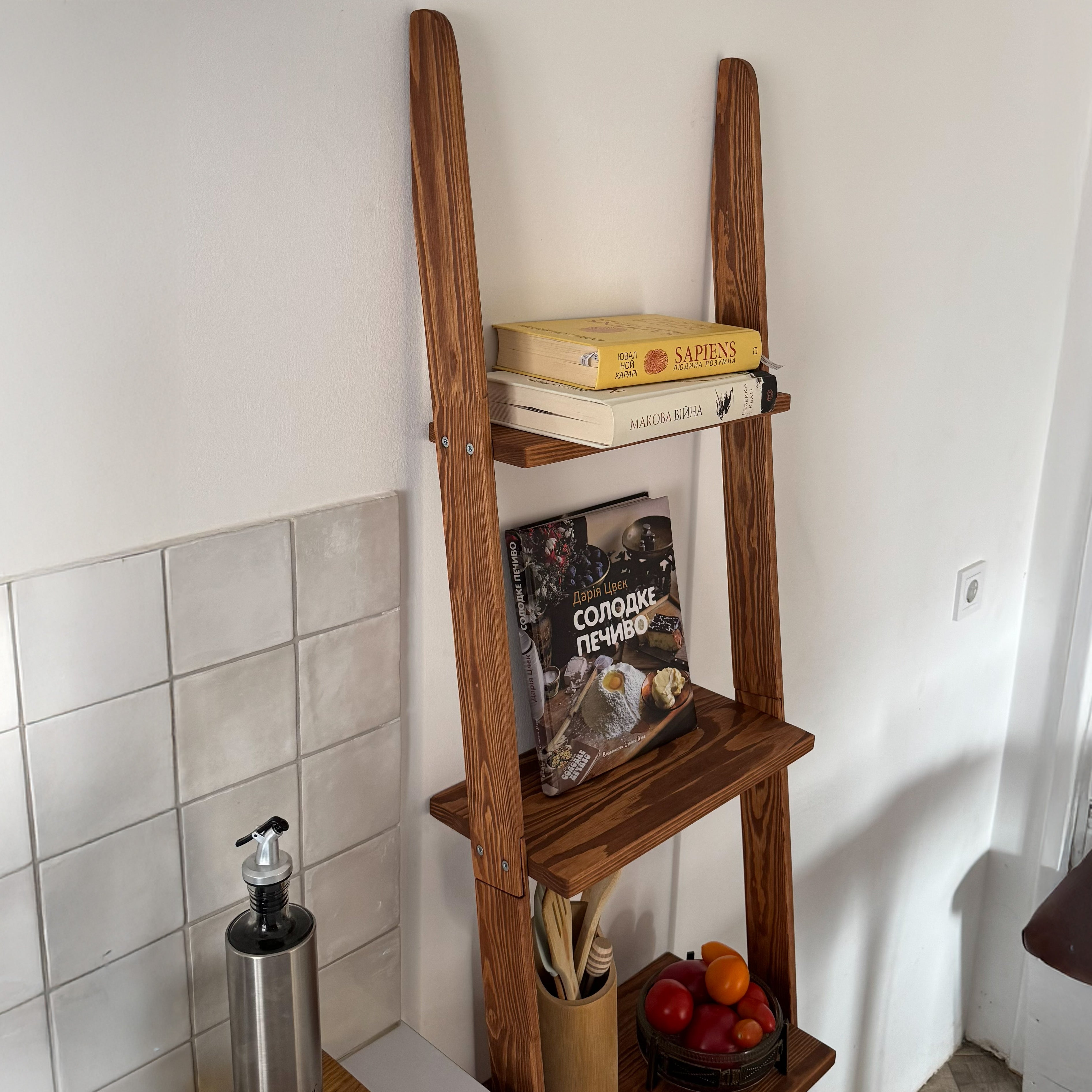 Handmade wooden ladder kitchen shelf for jars, cups, and kitchen décor — minimalist natural design by Forester.